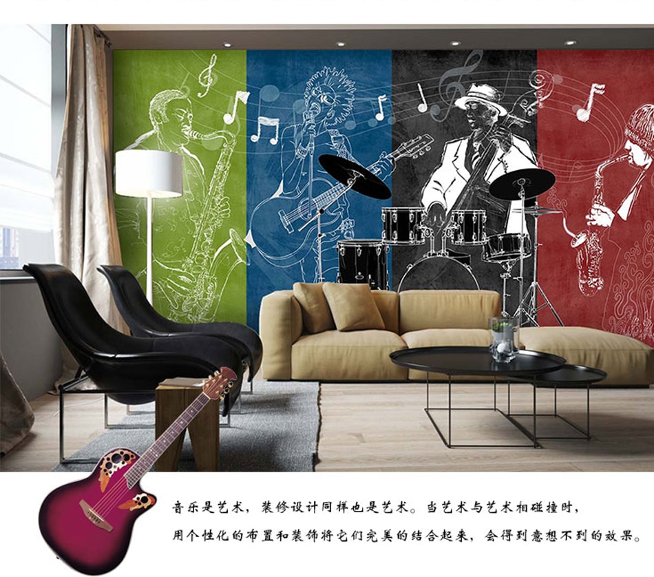 3D  &  &    Ǳ   ȣ   KTV Ž  Ofiice  ȭ /3D Rock&n&roll Music Band Instrument Shop Wallpaper Mural Rolls for Hotel R